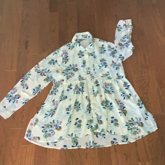 RED CAMEL XL Beautiful Side Slit Sheer Floral Shacket Blouse Rollup sleeve Top - Picture 1 of 11